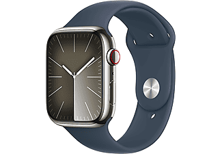 APPLE Watch Series 9 GPS + Cellular, 45mm, ezüst rozsdamentes acéltok, viharkék sportszíj, S/M (MRMN3QH/A)