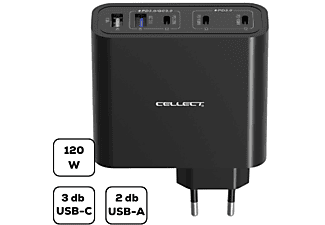 CELLECT hálózati töltő adapter gyorstöltő funkcióval, 120W, fekete (MTCB-PD120W-BK)