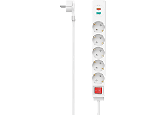 HAMA Hálózati Elosztó, 5 aljzat, Type-C+USB A, 1,4 méter, fehér (223186)