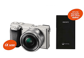 SONY ILC6000SCPVDN.YT A6000 Fotoğraf Makinesi Gümüş + 16-50mm Lens ile CPV10ABT Yedek Şarj Cihazlı Paket