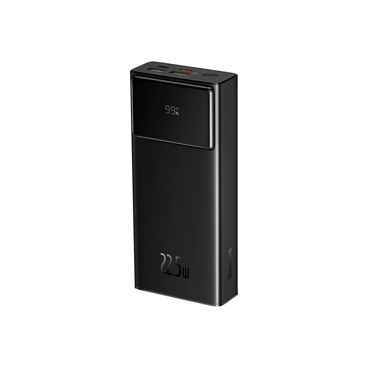 %99 şarjı ve 22,5W etiketini gösteren siyah bir powerbank.