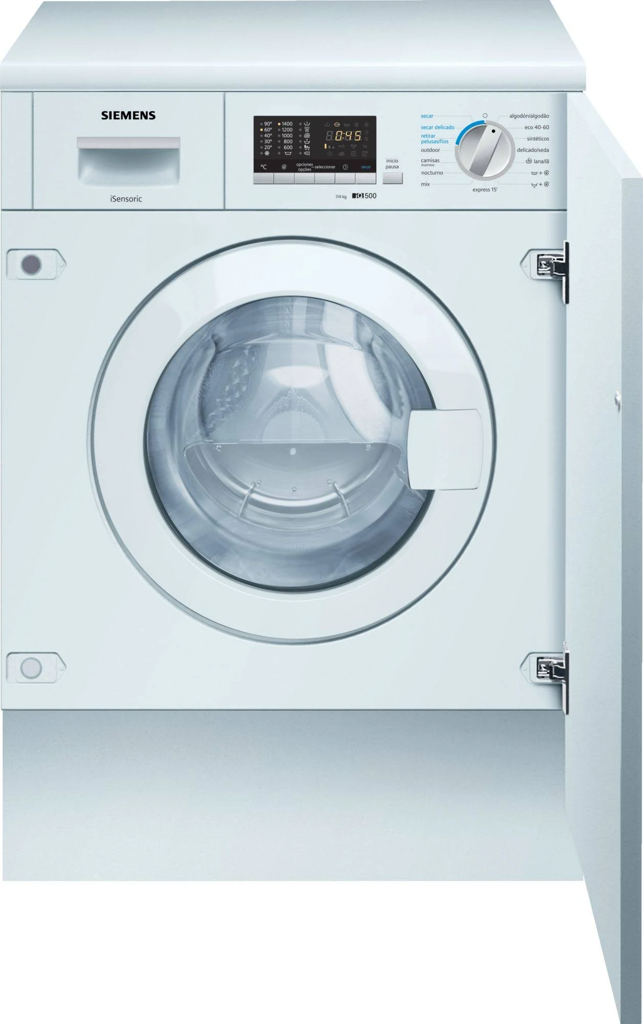 Lavadora secadora - Siemens WK14D543ES, Integrable, 7 kg/4 kg, 15 programas, 1355 rpm, Blanco