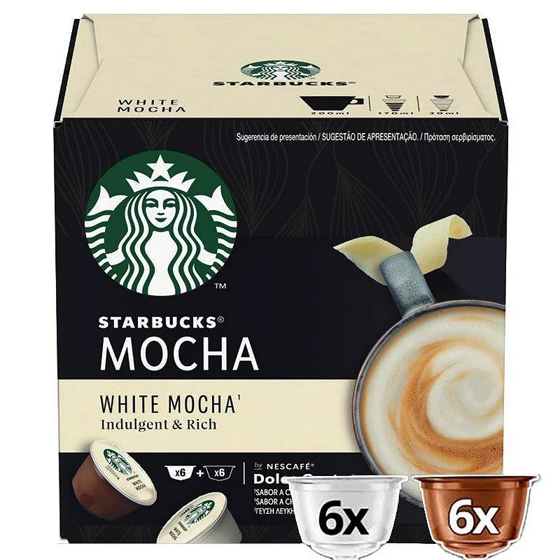 Cápsulas monodosis  Dolce Gusto Starbucks White Moccha, 100% arábica,  Chocolate blanco, 6+6 cápsulas