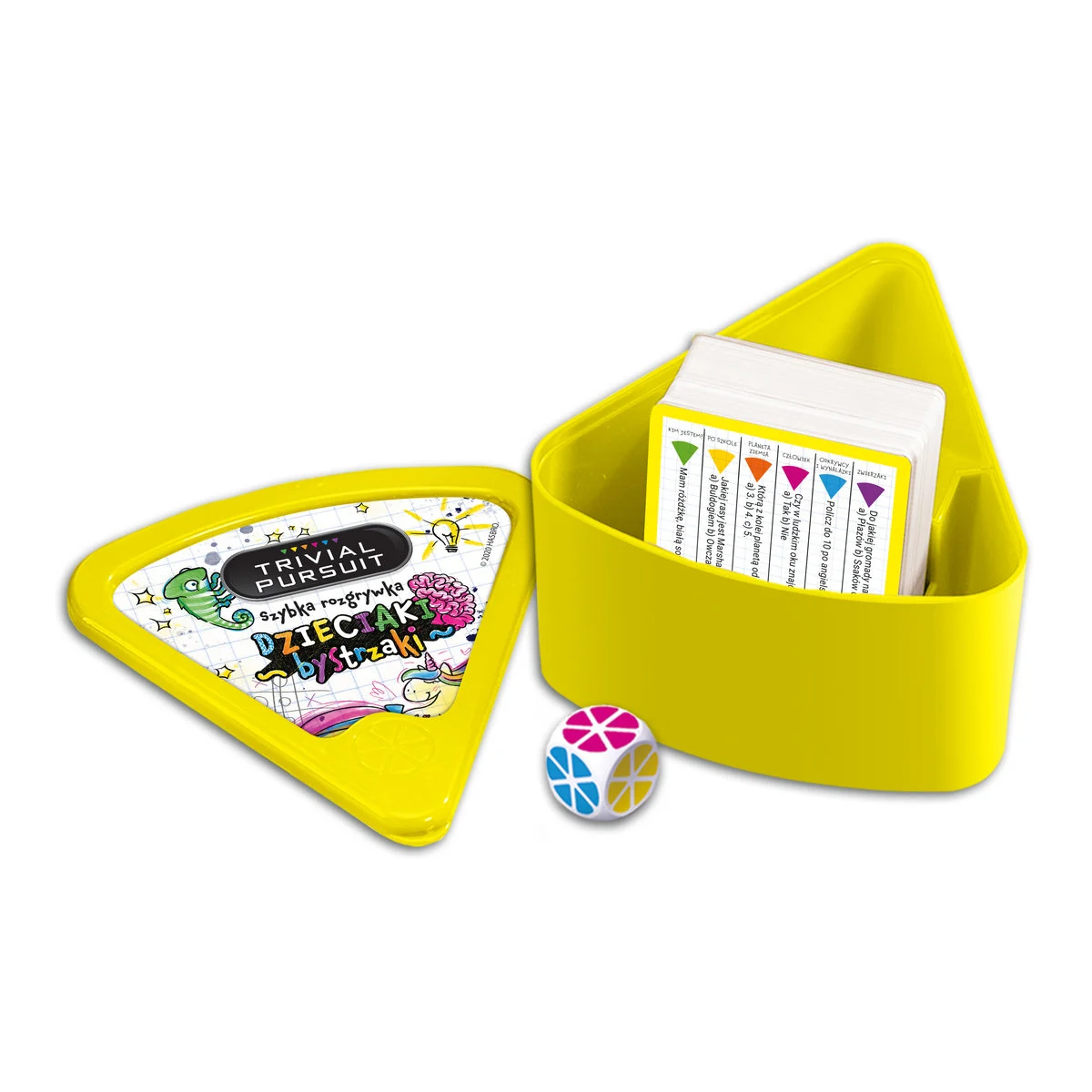 Żółte pudełko gry Trivial Pursuit z pokrywką, widoczne kości i karty.