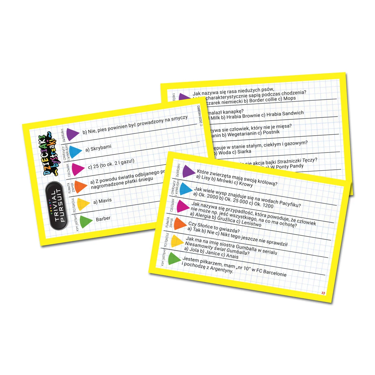 Trzy karty z quizami z pytaniami i odpowiedziami.