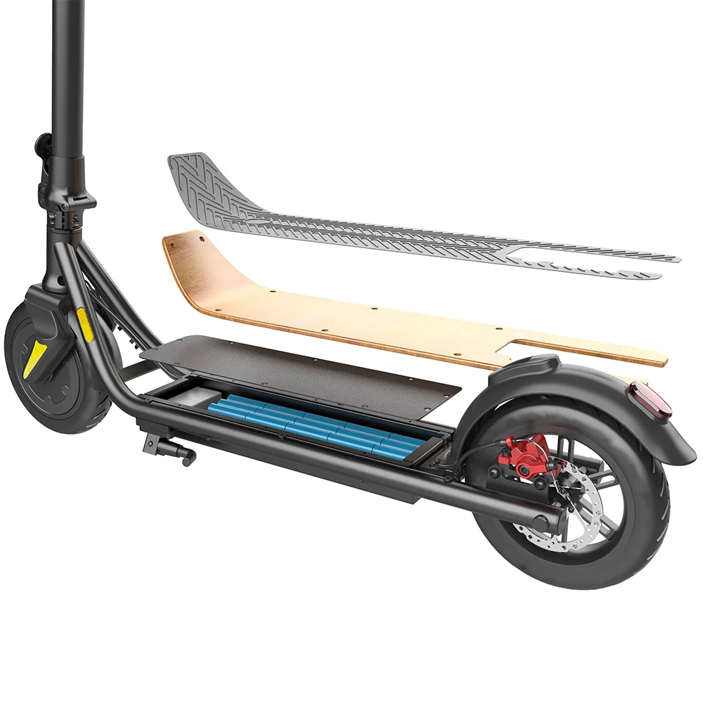 Hulajnoga elektryczna z widokiem z rozłożeniem, ujawniająca elementy wewnętrzne.