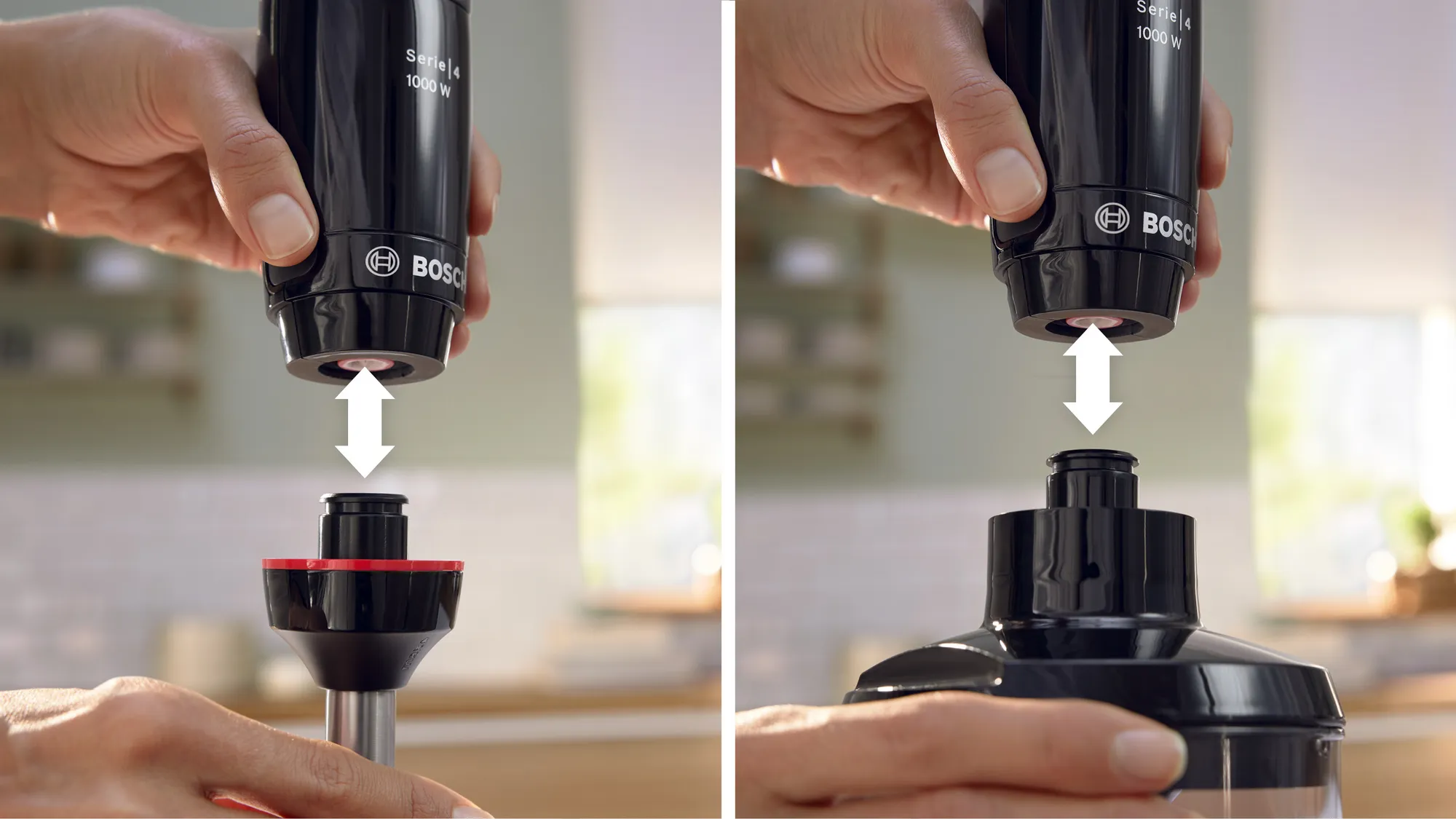 Ręce mocujące głowicę blendera do blendera ręcznego. Głowica jest czerwono-czarna.