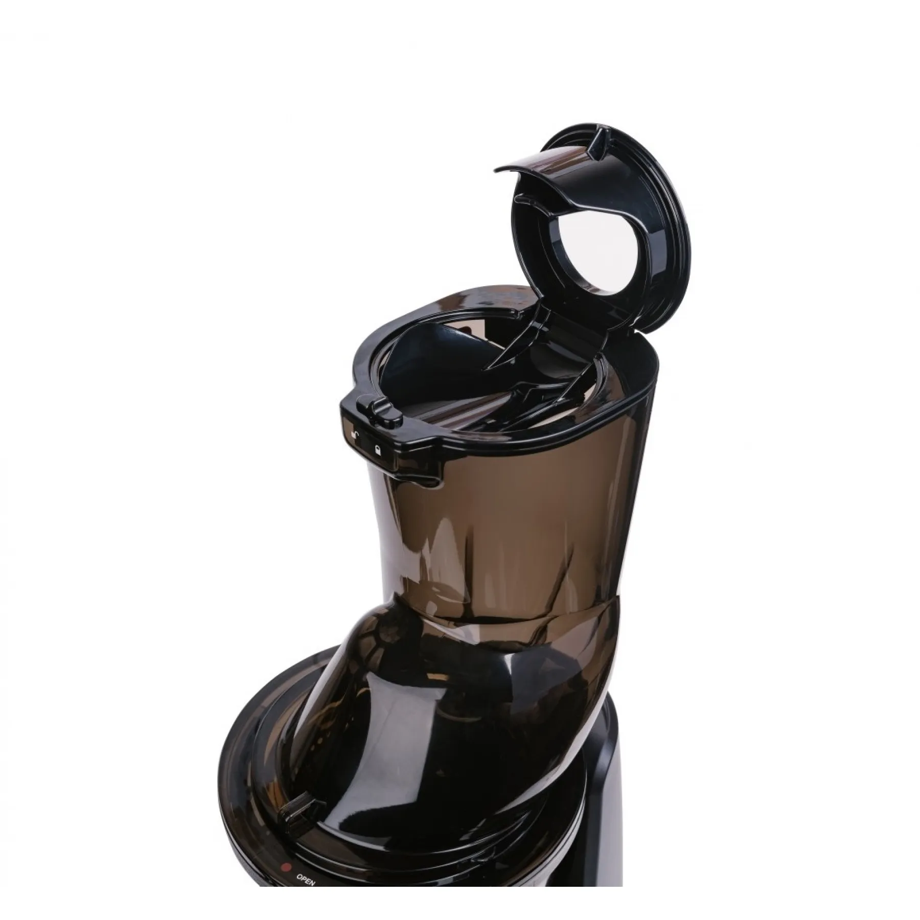 Czarna wyciskarka do soku z otwartą górą, pokazująca wnętrze.