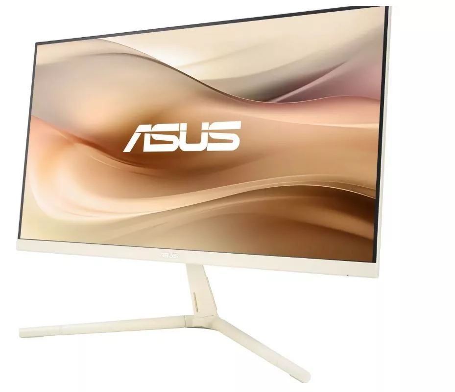 Monitor ASUS z białą ramką. Ekran wyświetla złoty i brązowy abstrakcyjny wzór.