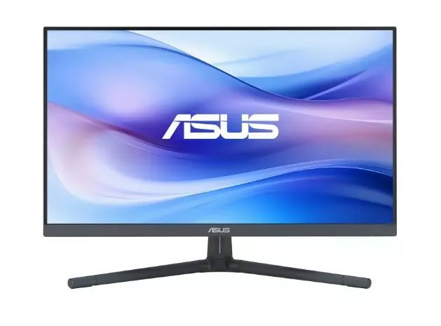 Monitor komputerowy ASUS. Czarna ramka z logo ASUS. Na ekranie niebiesko-białe abstrakcyjne tło.