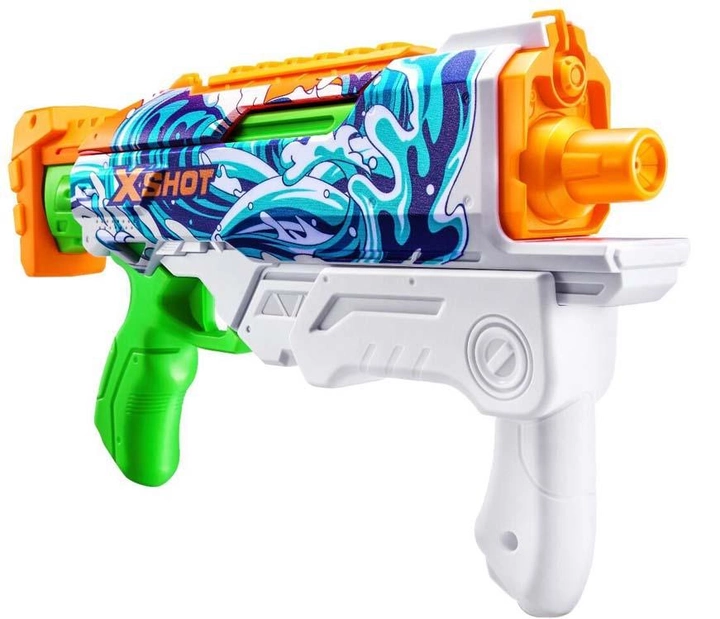 Biały, zielony i pomarańczowy pistolet na wodę ze wzorem fal.