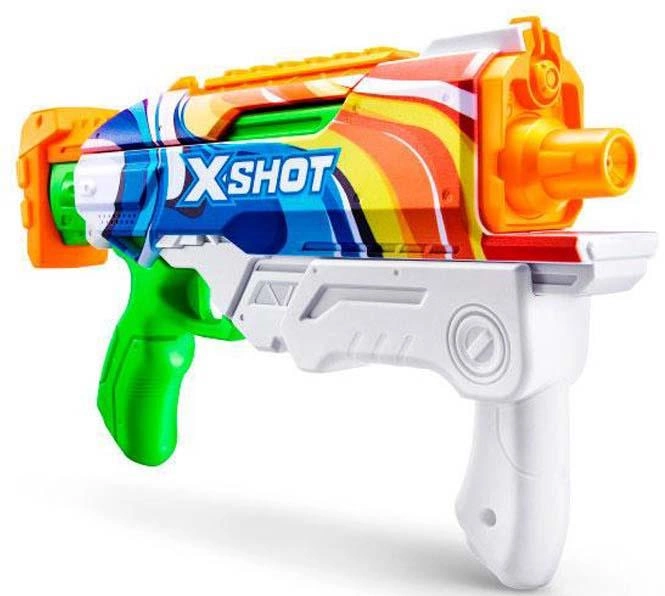 Kolorowy pistolet zabawkarski z logo "XSHOT", białym uchwytem i pomarańczową lufą.