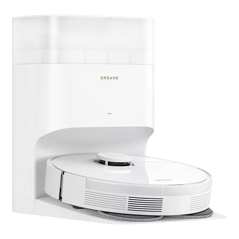 Biały odkurzacz robot na białej podstawie.