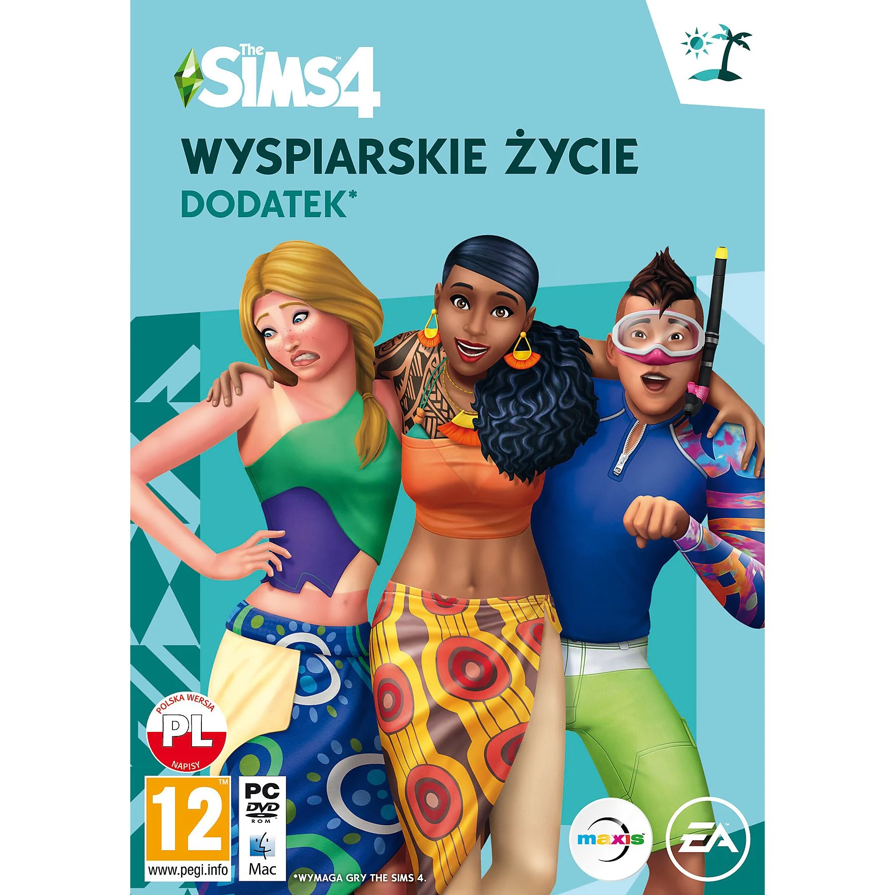 Okładka gry The Sims 4, z trzema postaciami w strojach plażowych. Tytuł jest po polsku.