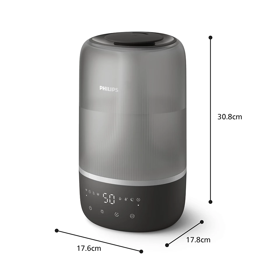 Szary i czarny nawilżacz powietrza z wymiarami. Widoczna marka Philips.