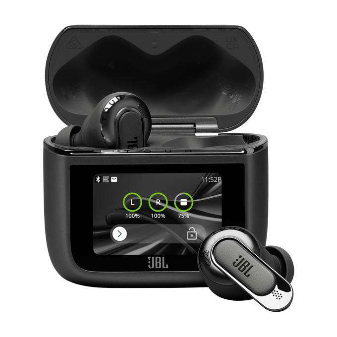 JBL Tour Pro 3, Sonido espacial 360, Cancelación de ruido adaptativa, 40 h, Estuche con pantalla, asistente voz, Negro