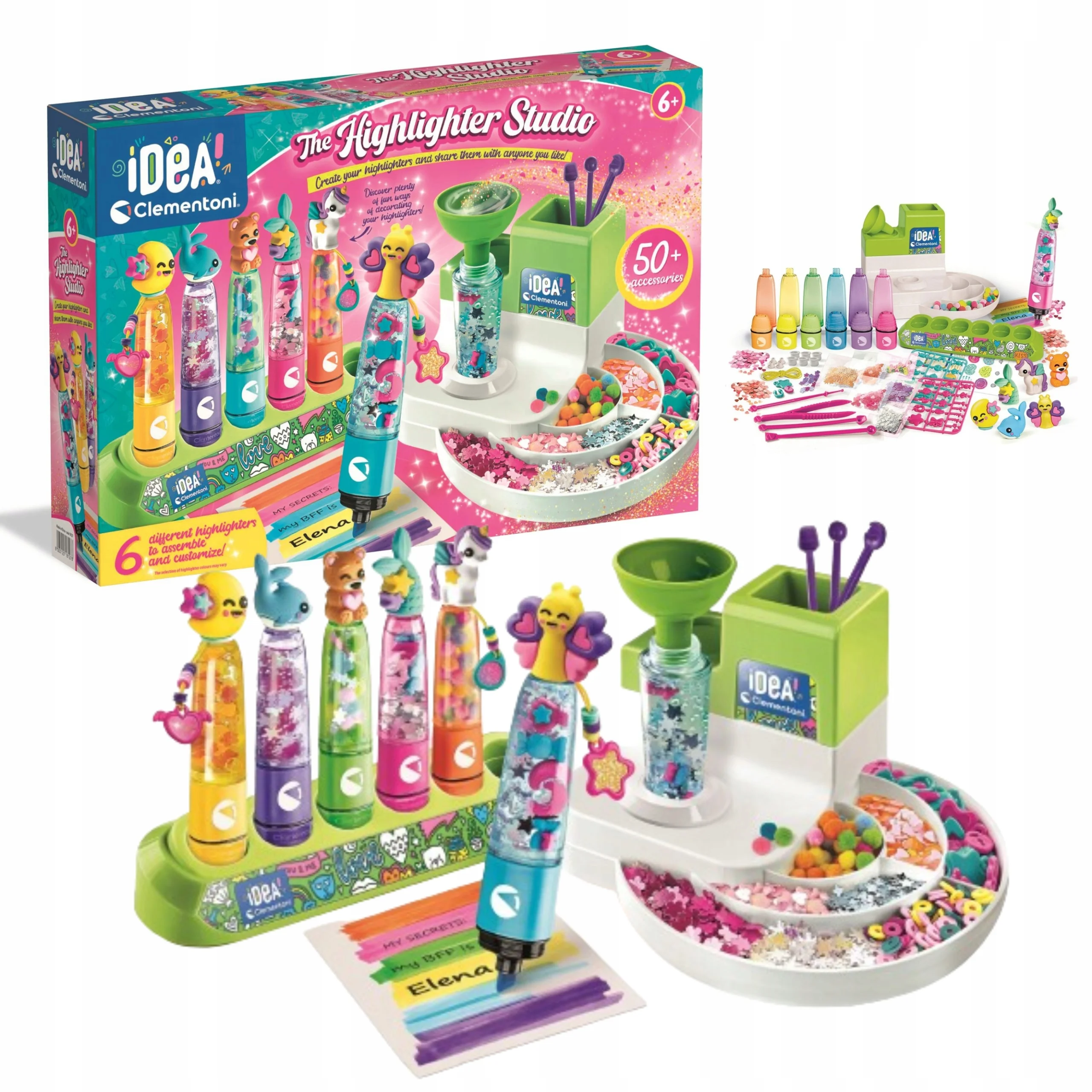 Zestaw do tworzenia zakreślaczy z pisakami i akcesoriami, oraz pudełko.