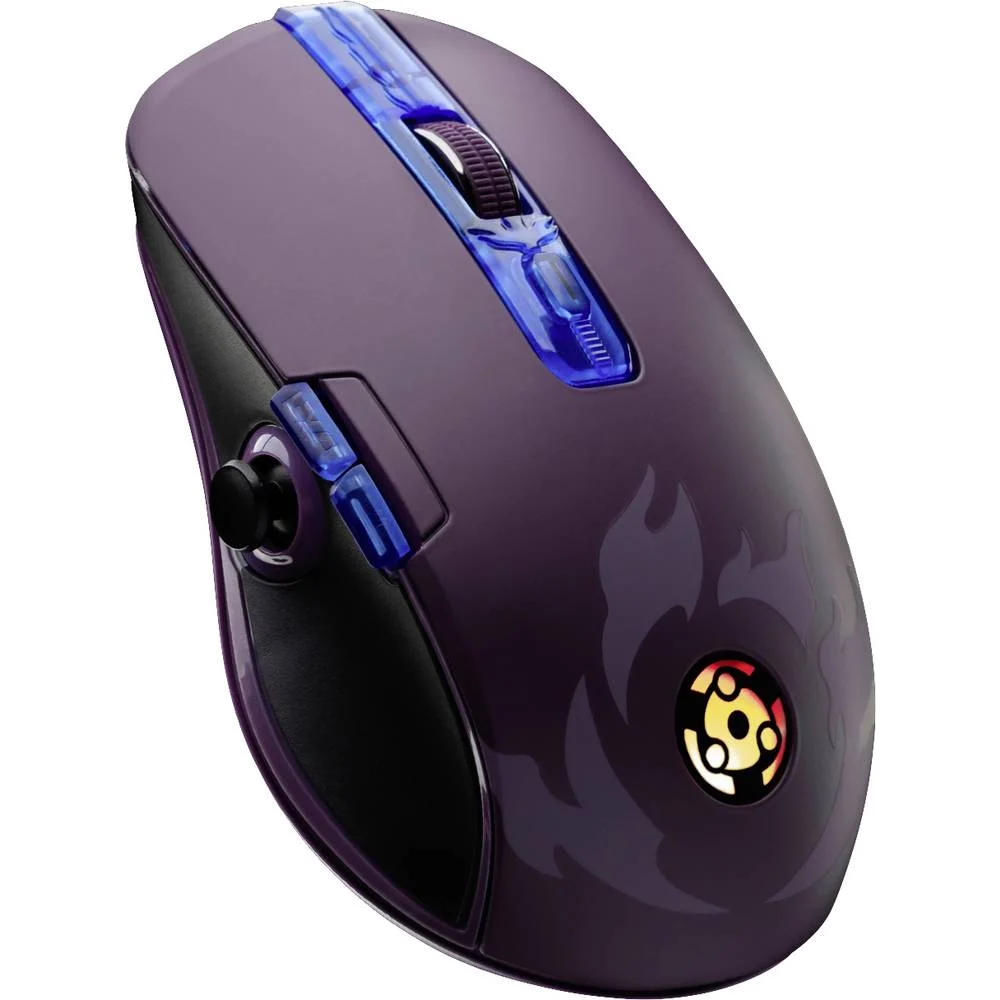 Fioletowa mysz do gier z niebieskimi akcentami, kółkiem przewijania i wzorem po prawej stronie.