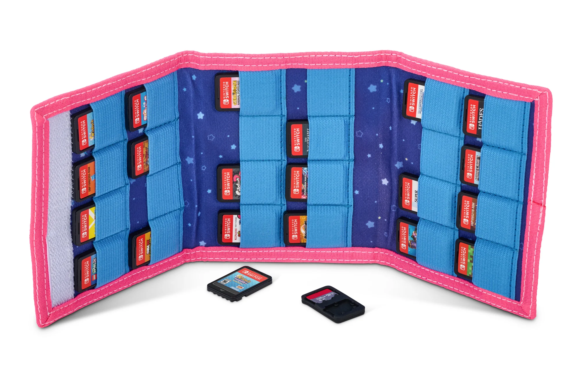 Różowy i niebieski uchwyt na kartridże do gier Nintendo Switch, pełen kartridży.