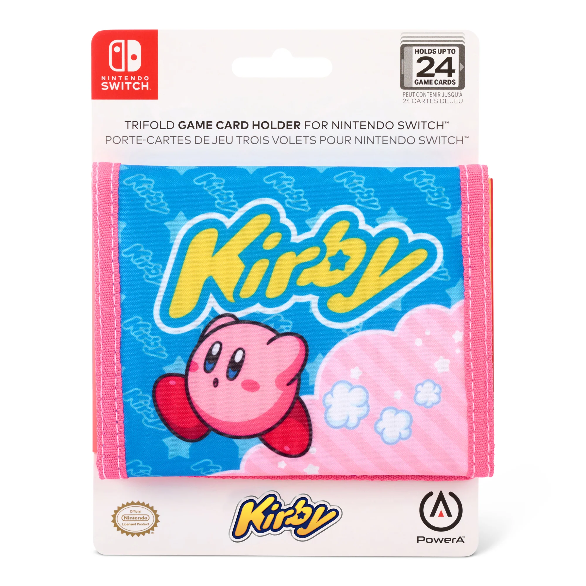Uchwyt na karty do gry Kirby, różowy i niebieski, z grafiką Kirby i napisem 'Nintendo Switch'.