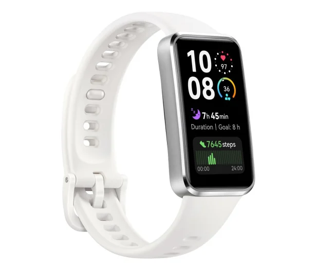 Biała opaska smart z prostokątnym ekranem wyświetlającym dane zdrowotne.