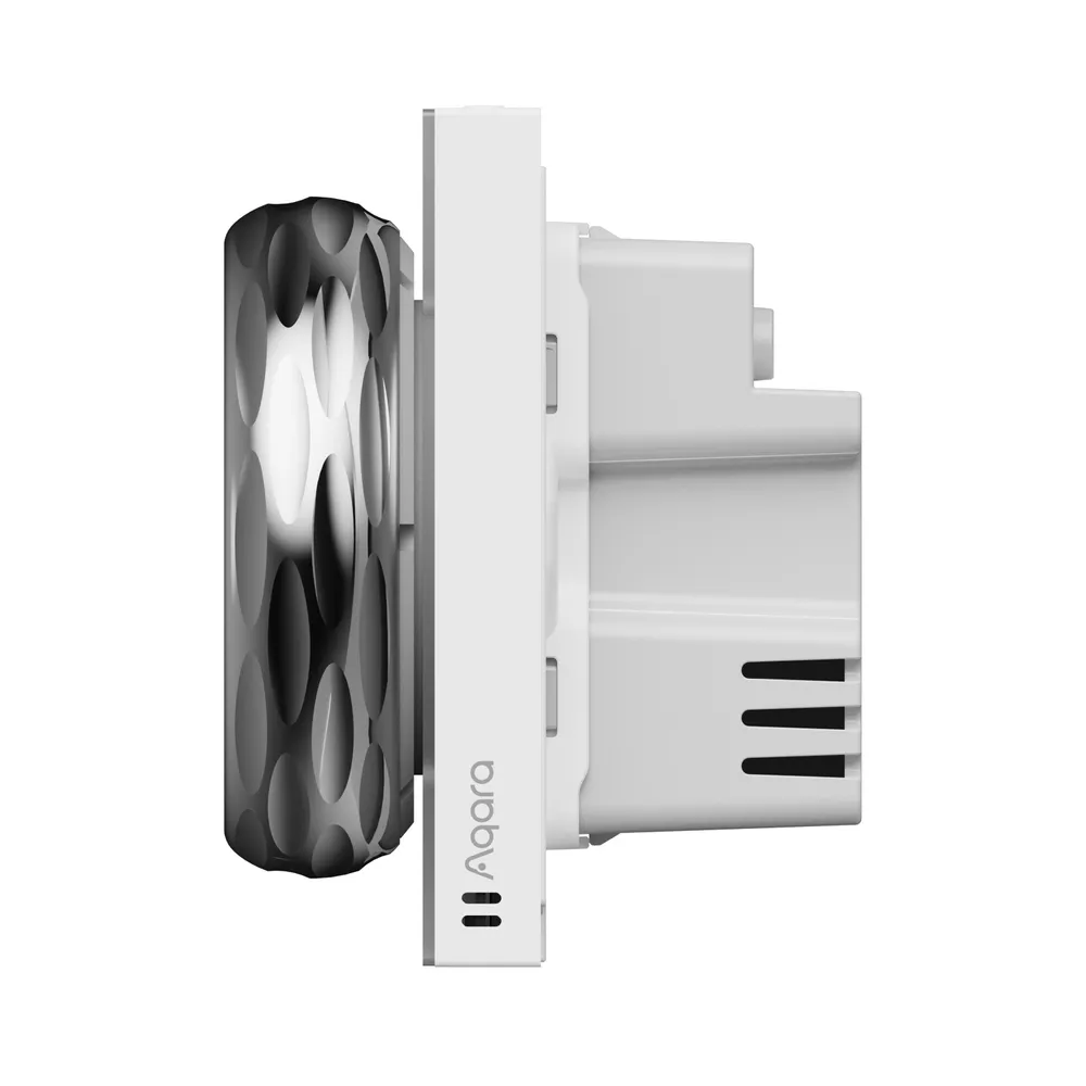 Białe urządzenie smart home. Posiada okrągły kształt z jednej strony i logo Aqara z drugiej.