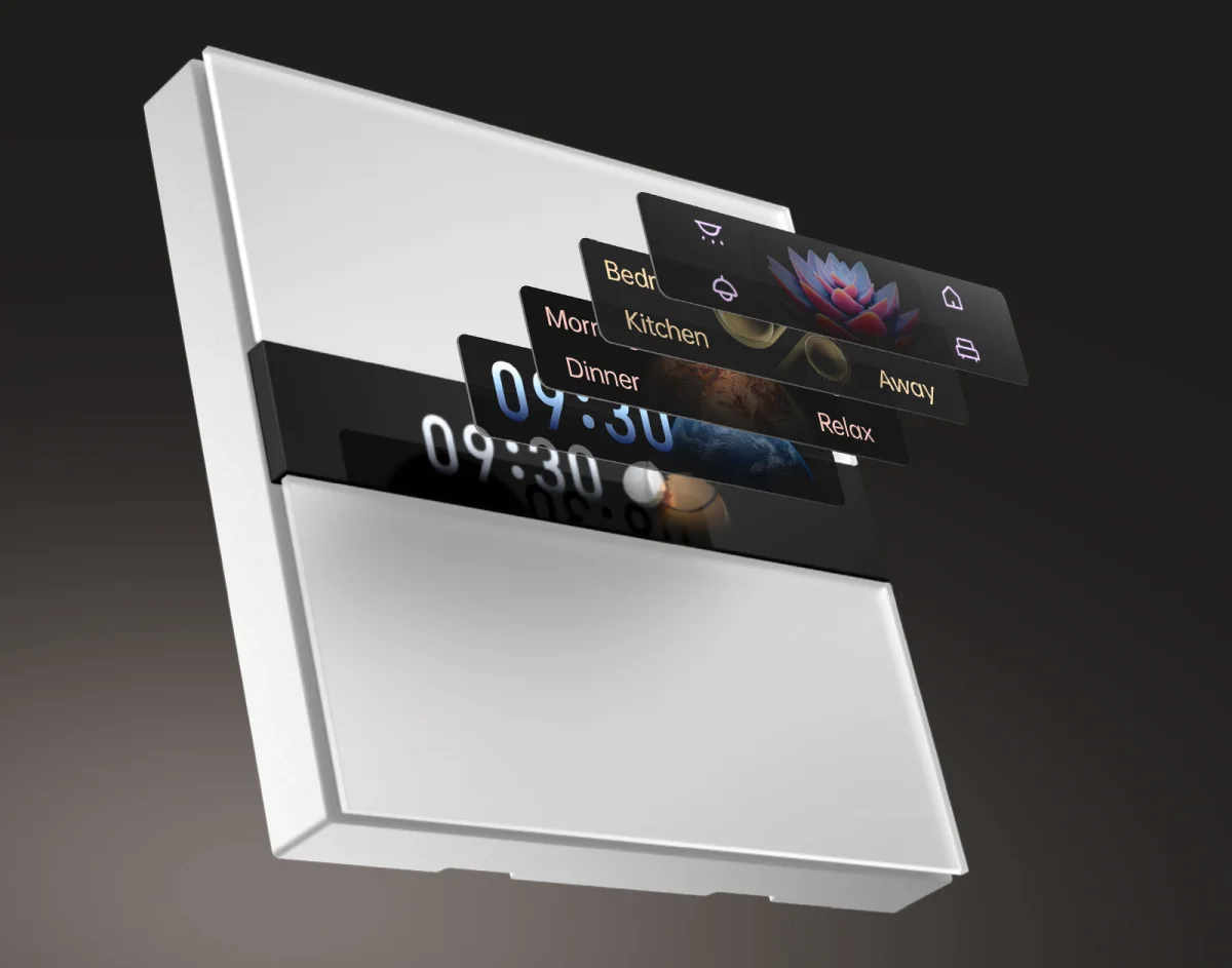 Biały panel sterowania inteligentnym domem pokazujący różne opcje na pływających czarnych ekranach. Panel jest na ciemnym tle.