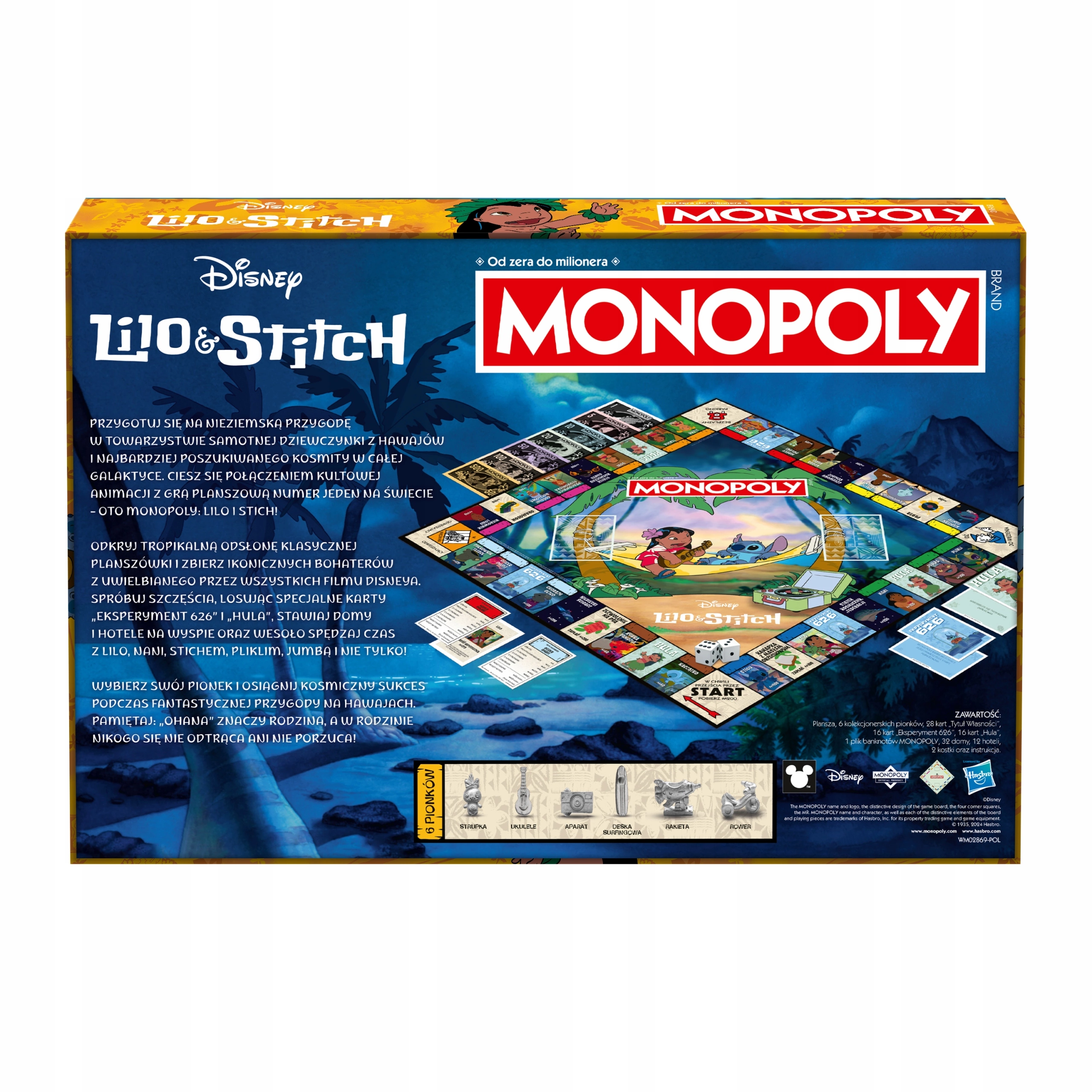 Pudełko gry planszowej Monopoly Lilo & Stitch. Zawiera planszę, postacie, tytuł i logo Disneya.