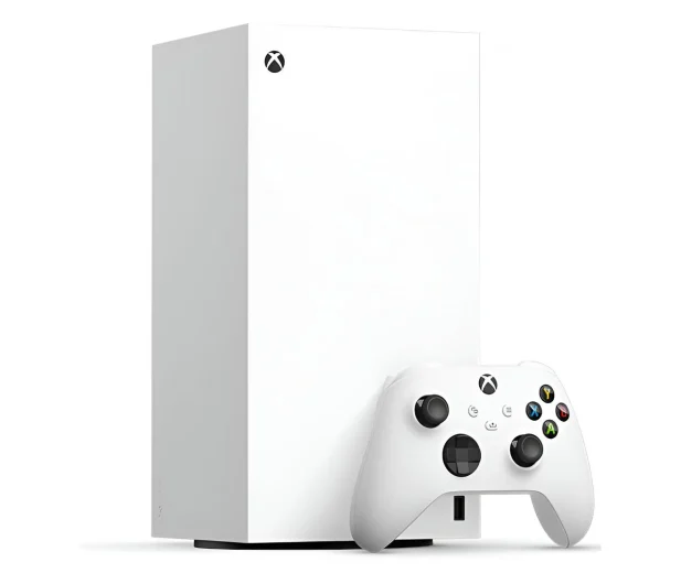 Biała konsola Xbox Series S i biały kontroler na białym tle. Logo Xbox jest widoczne.