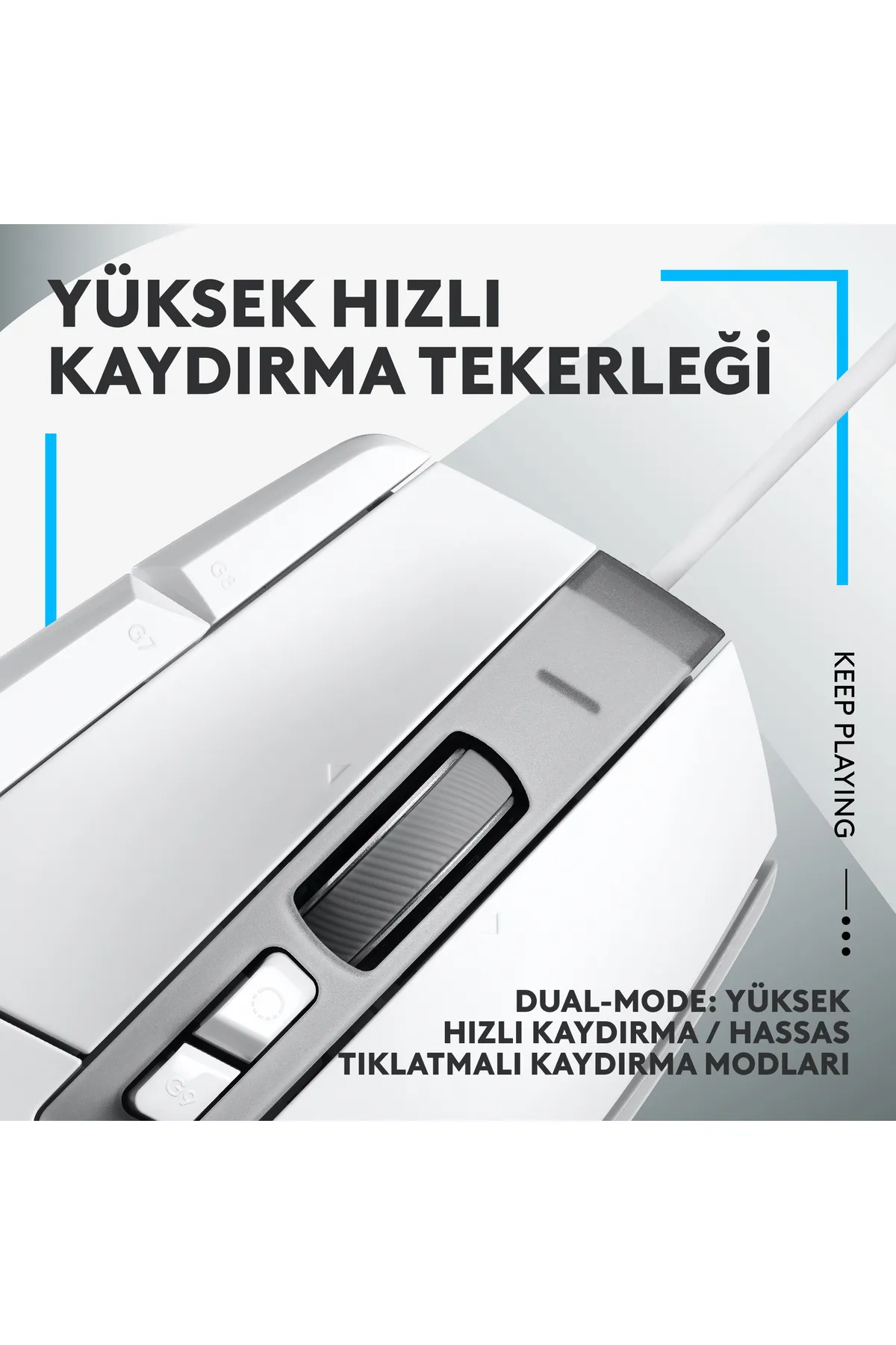 Yüksek hızlı kaydırma tekerleği olan beyaz fare ve Türkçe 'Yüksek Hızlı Kaydırma Tekerleği' metni.