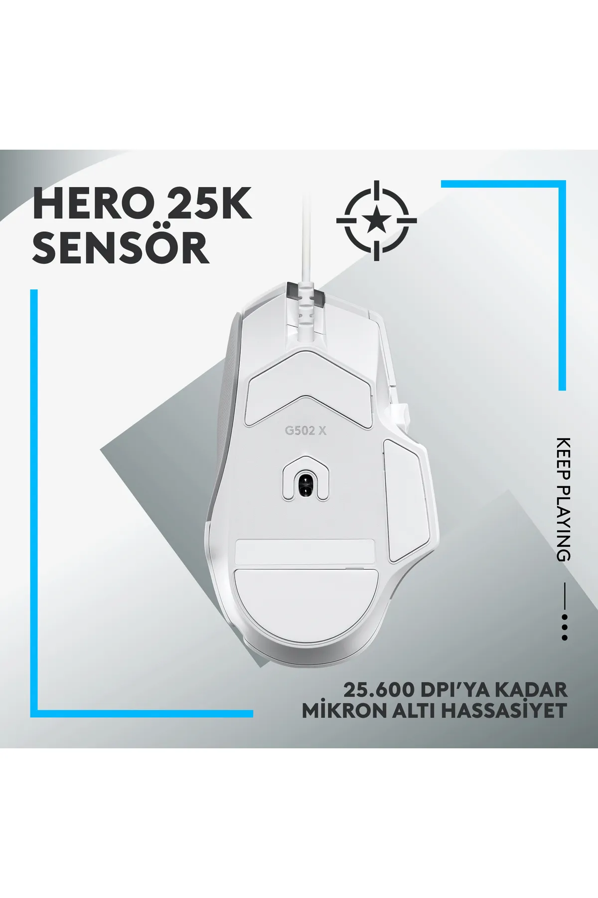 Beyaz oyun faresi, yukarıdan görünüm, mavi vurgular ve metin: HERO 25K SENSOR.