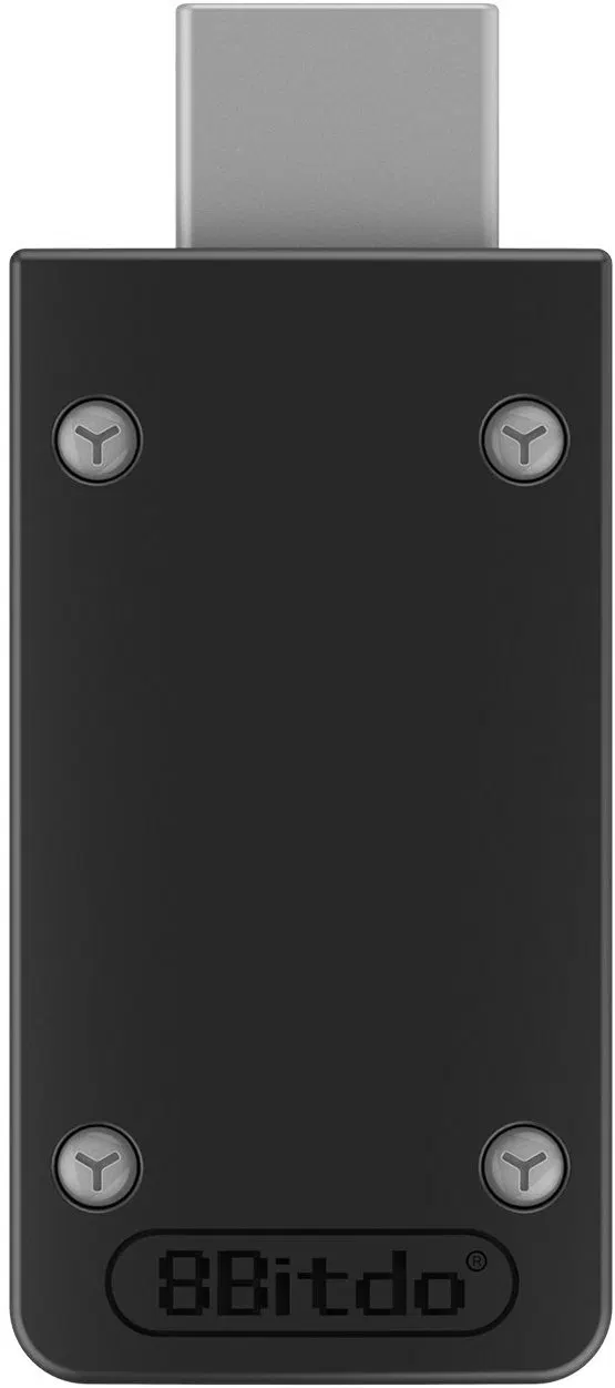 Czarny adapter z logo 8Bitdo, czterema śrubami i portem USB-C.