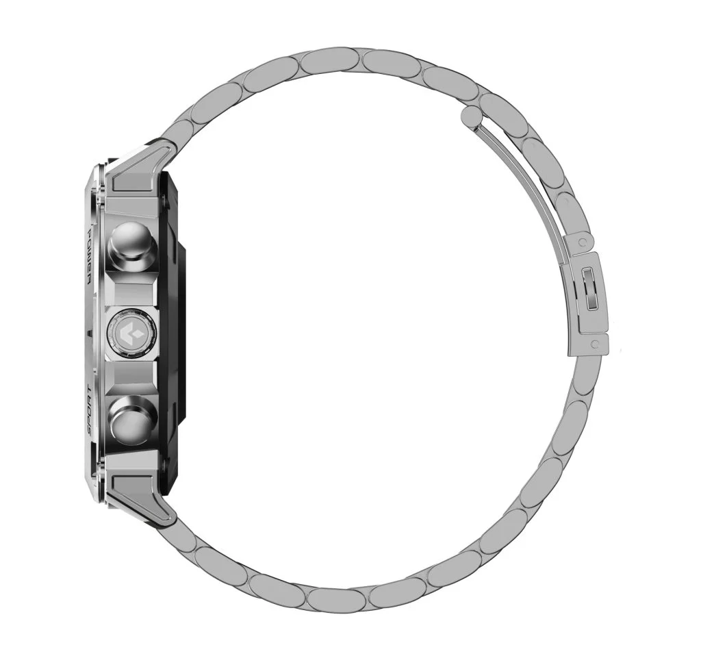 Widok z boku smartwatcha Garett. Wyświetla stronę z przyciskami i paskiem ze stali nierdzewnej.