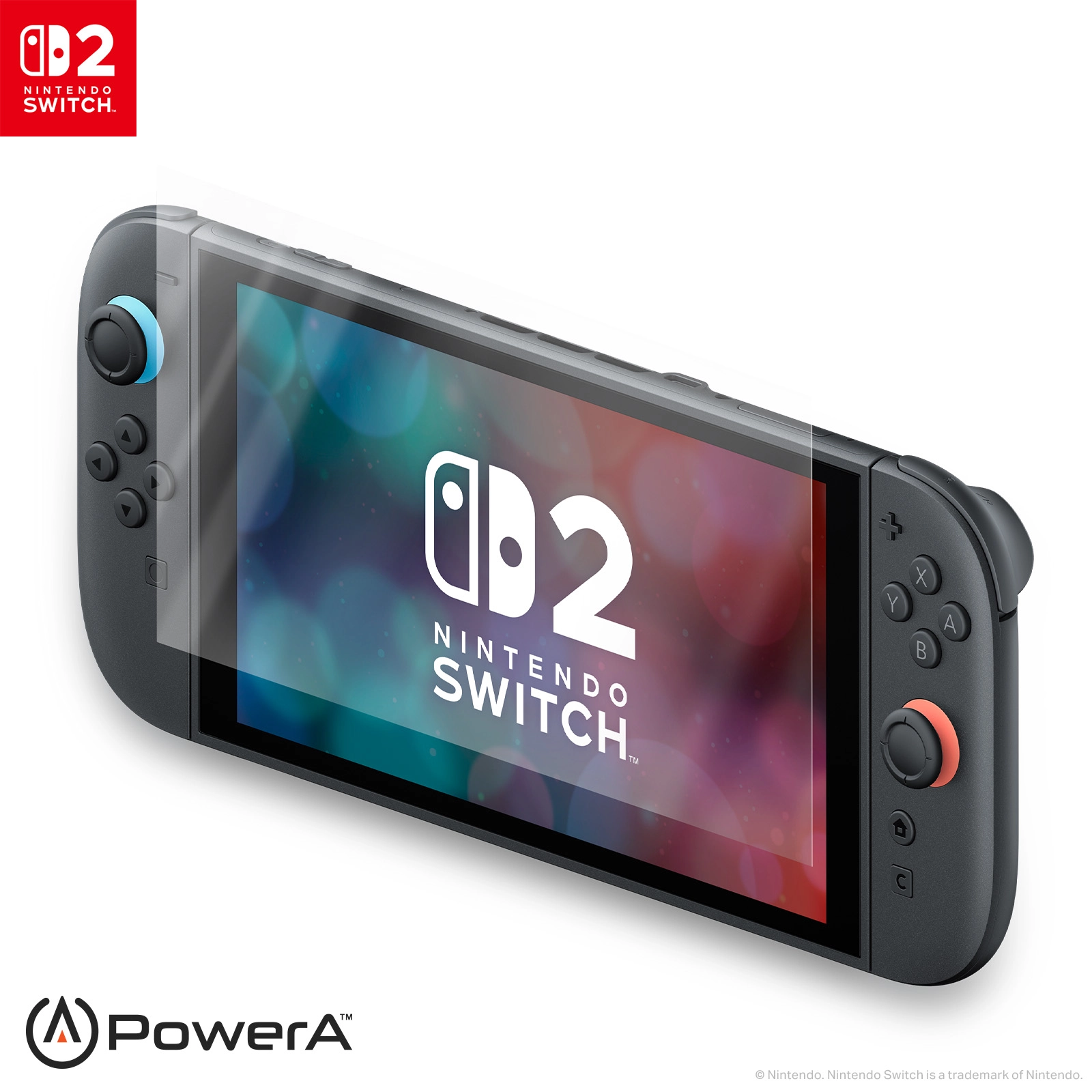 Konsola Nintendo Switch z odłączanymi kontrolerami, czarna z niebieskimi i pomarańczowymi akcentami, na białym tle.