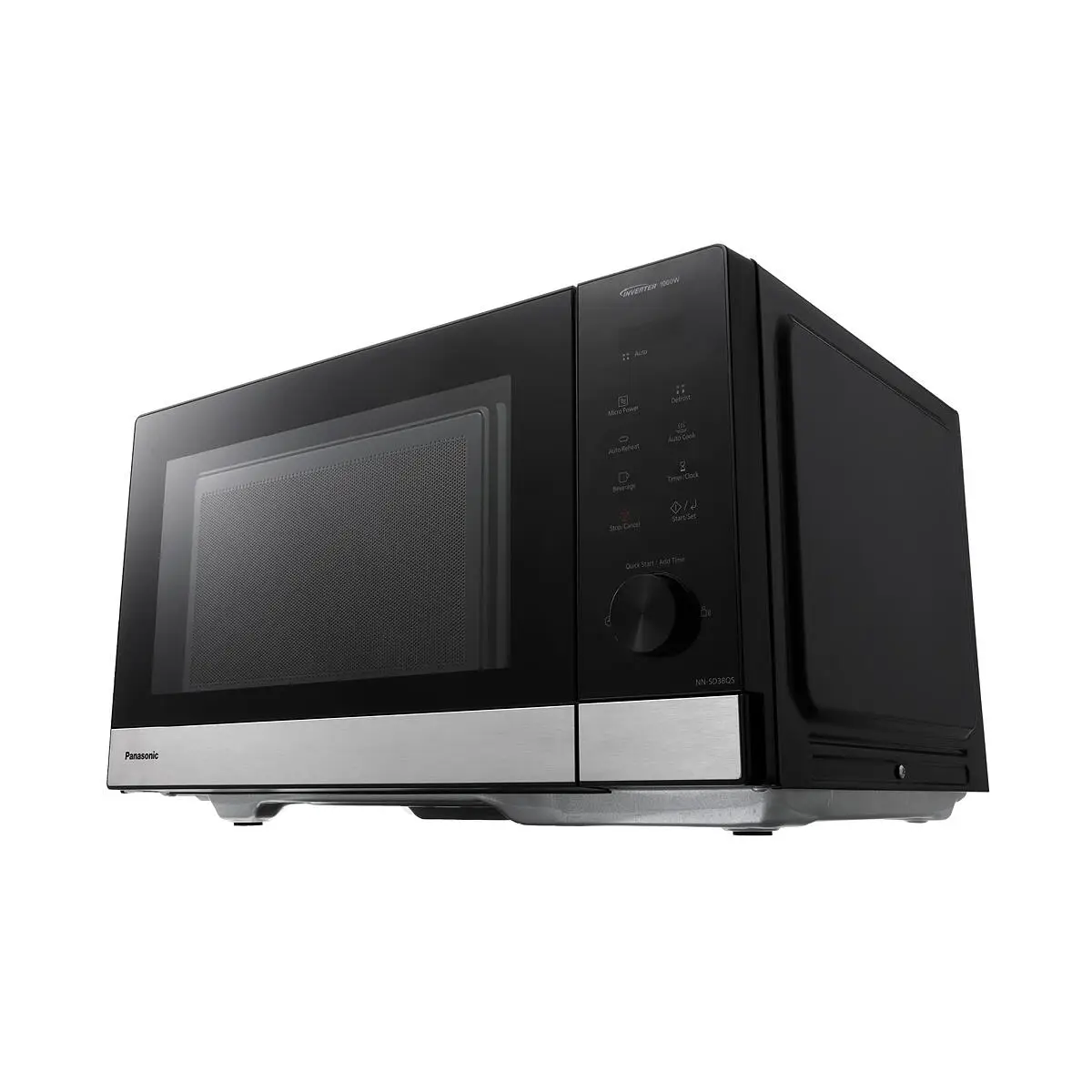 Czarna kuchenka mikrofalowa Panasonic. Ma szklane drzwi, panel sterowania z przyciskami i srebrną podstawę. Inverter 1000W.