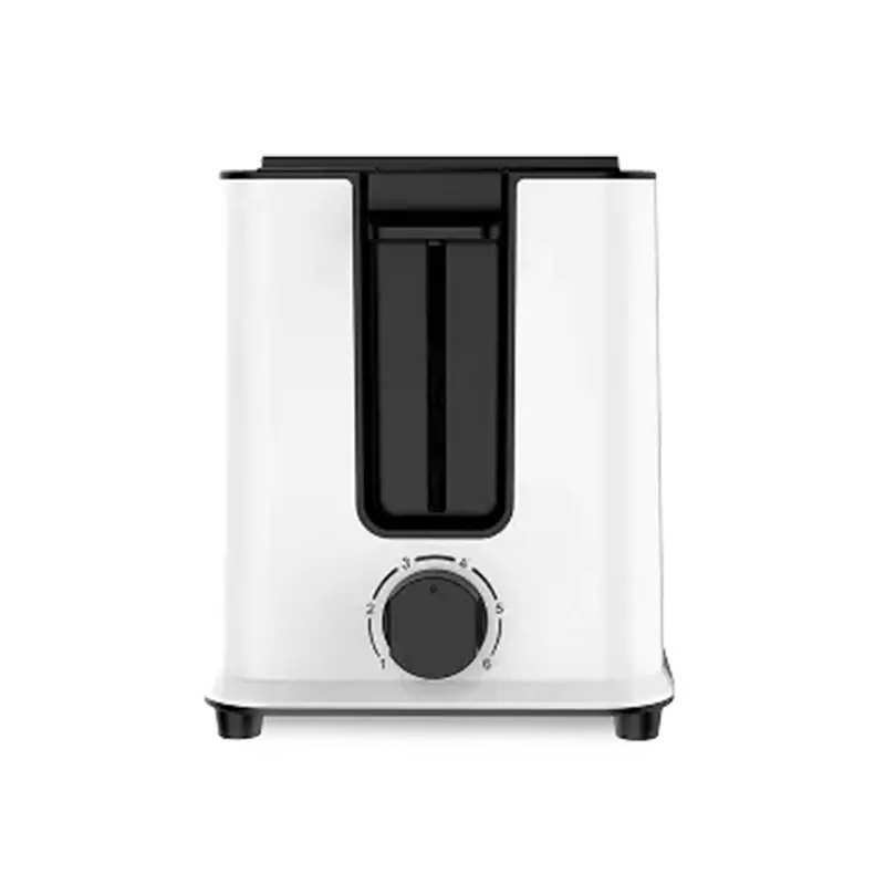 Biały toster z czarnym blatem i szczelinami. Ma czarne pokrętło z numerami i czarne nóżki.