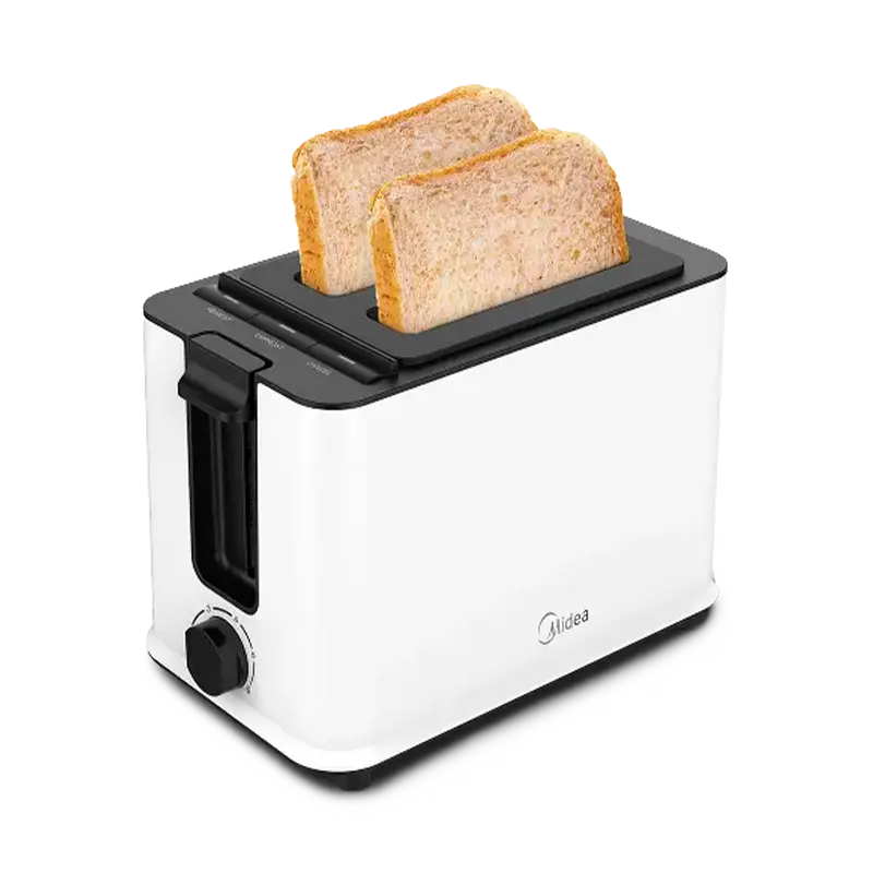 Biały toster z dwoma kromkami tostów. Ma czarny wierzch i pokrętło. Marka to Midea.