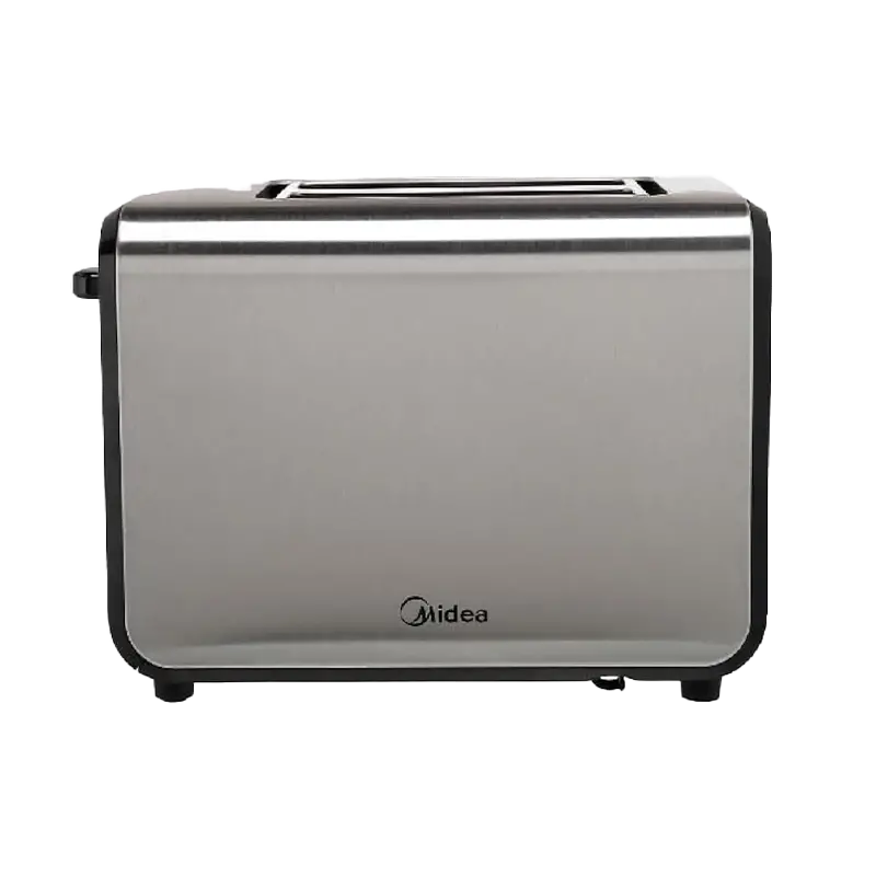 Toster Midea ze stali nierdzewnej. Ma dwa otwory na górze, czarną ramę i małe nóżki. Logo jest widoczne.