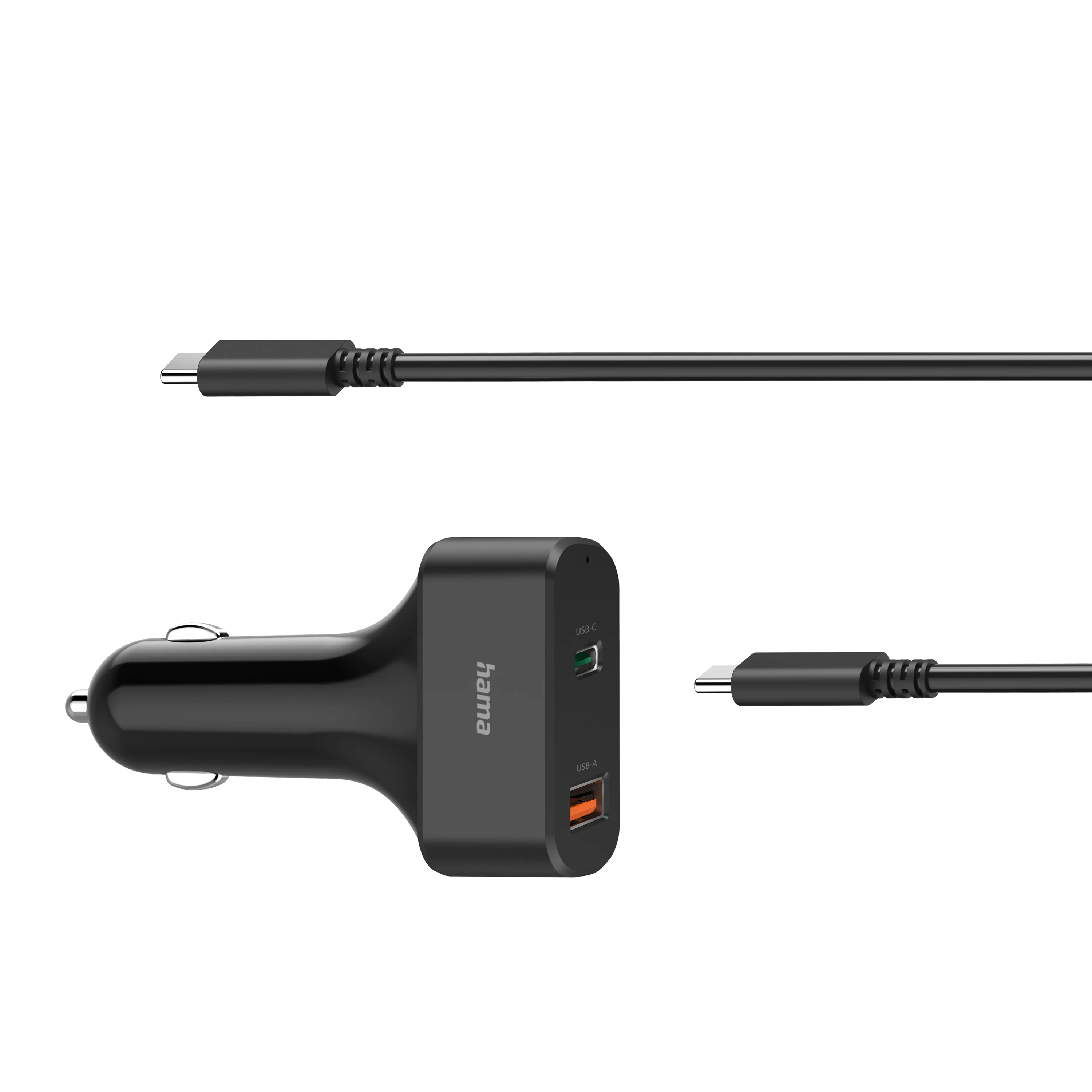 Czarna ładowarka samochodowa z portami USB-C i USB-A, z dwoma podłączonymi czarnymi kablami, wszystko na czarnym tle.