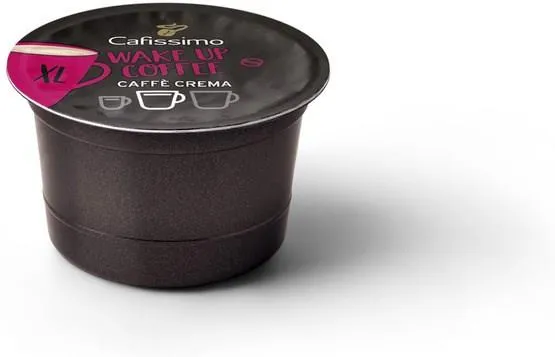 Kapsułka do kawy Cafissimo z czarną i srebrną pokrywką. Nadruk 'Wake Up Coffee'. Kapsułka jest ciemnobrązowa.