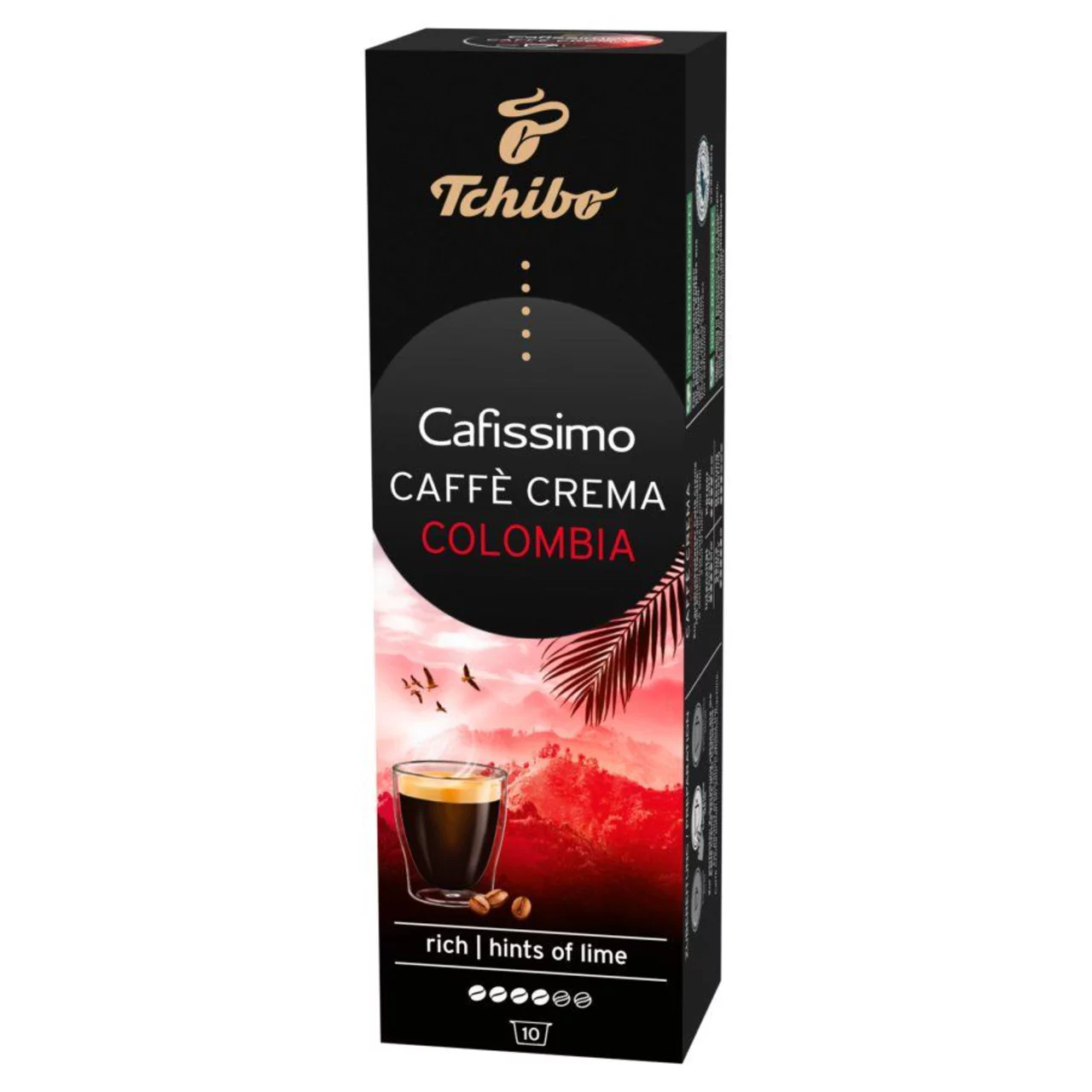 Czarny karton kawy z logo Tchibo. Napis 'Cafissimo Caffè Crema Colombia'. Widoczny obraz filiżanki kawy na czerwonym tle.