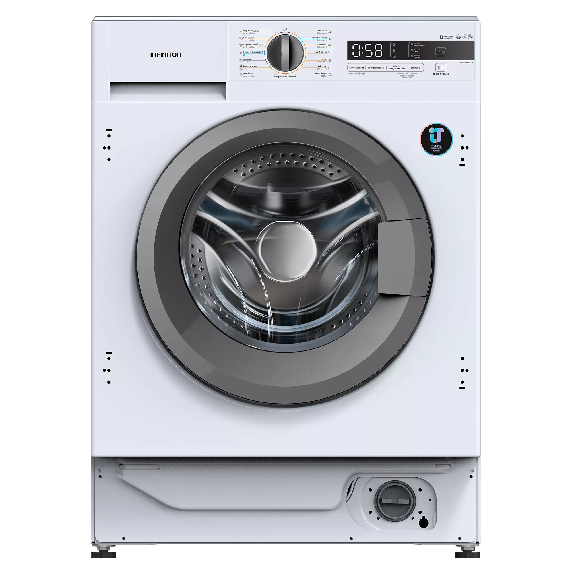 Lavadora secadora integrable - Infiniton WSD-BBG86WAD, 8 kg/6 kg, Inverter, 1400 rpm, Control Electrónico, Sin panelar