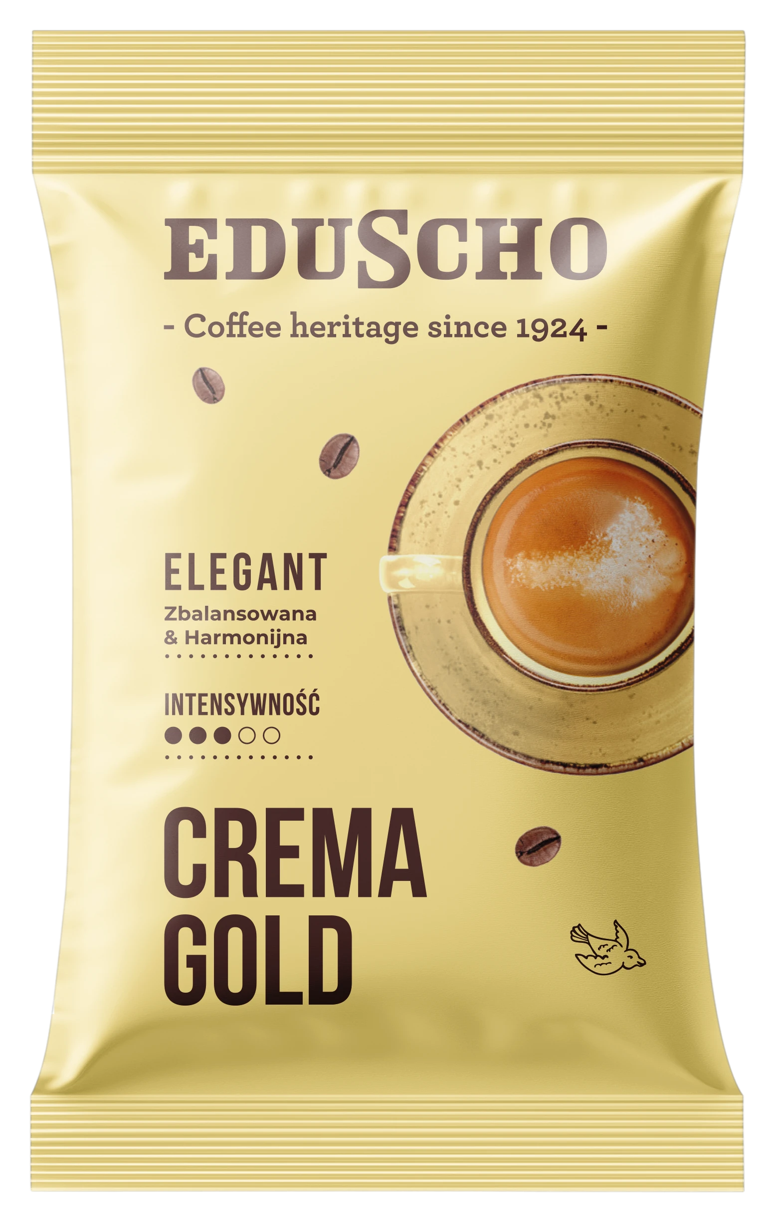 Złoty pakiet kawy z marką EDUSCHO. Zawiera ziarna kawy, filiżankę kawy i nazwę CREMA GOLD.