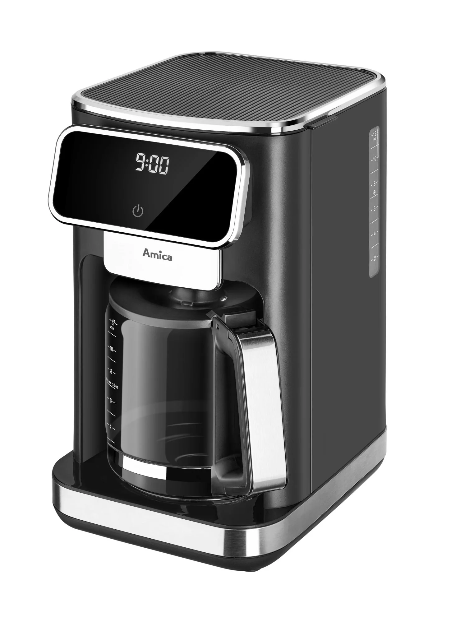 Czarny i srebrny ekspres do kawy Amica z wyświetlaczem 9:00. Ma szklany dzbanek i cyfrowy zegar.