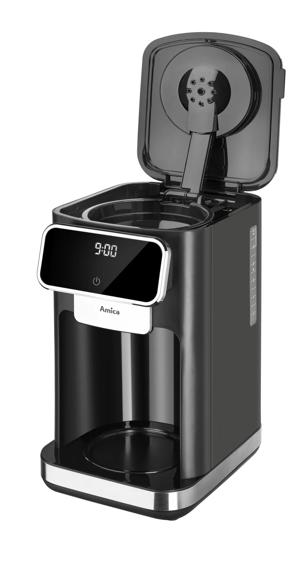 Czarny ekspres do kawy z otwartą pokrywą. Ma cyfrowy zegar wskazujący 9:00. Widoczna jest marka 'Amica'.