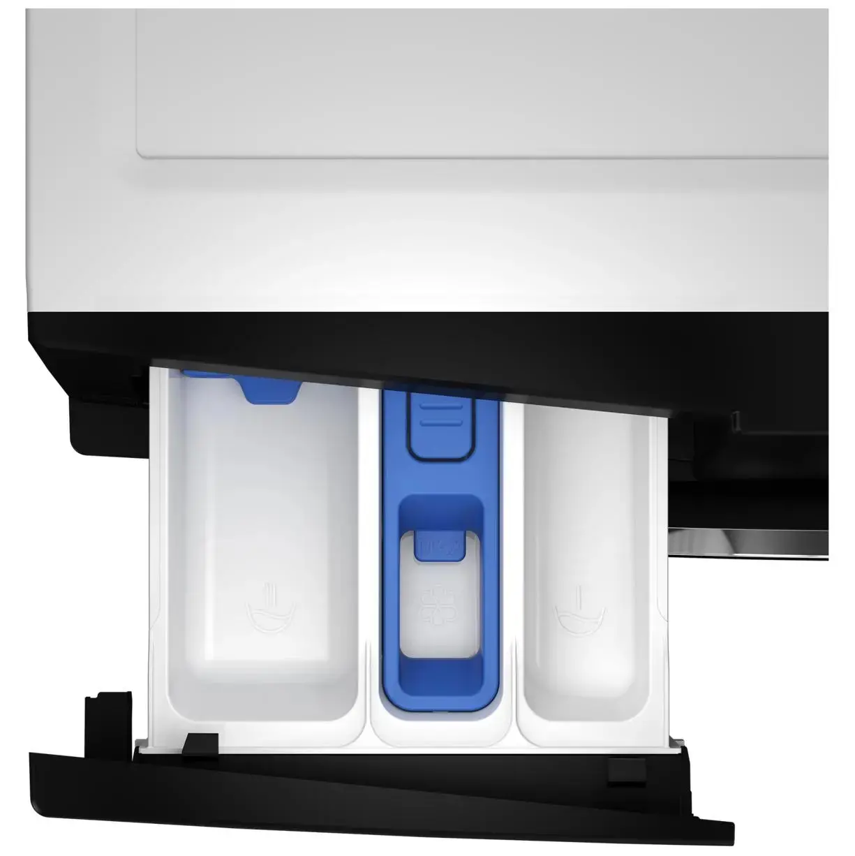 Zbliżenie szuflady na detergent pralki z białymi i niebieskimi przegródkami. Czarna ramka otacza szufladę.