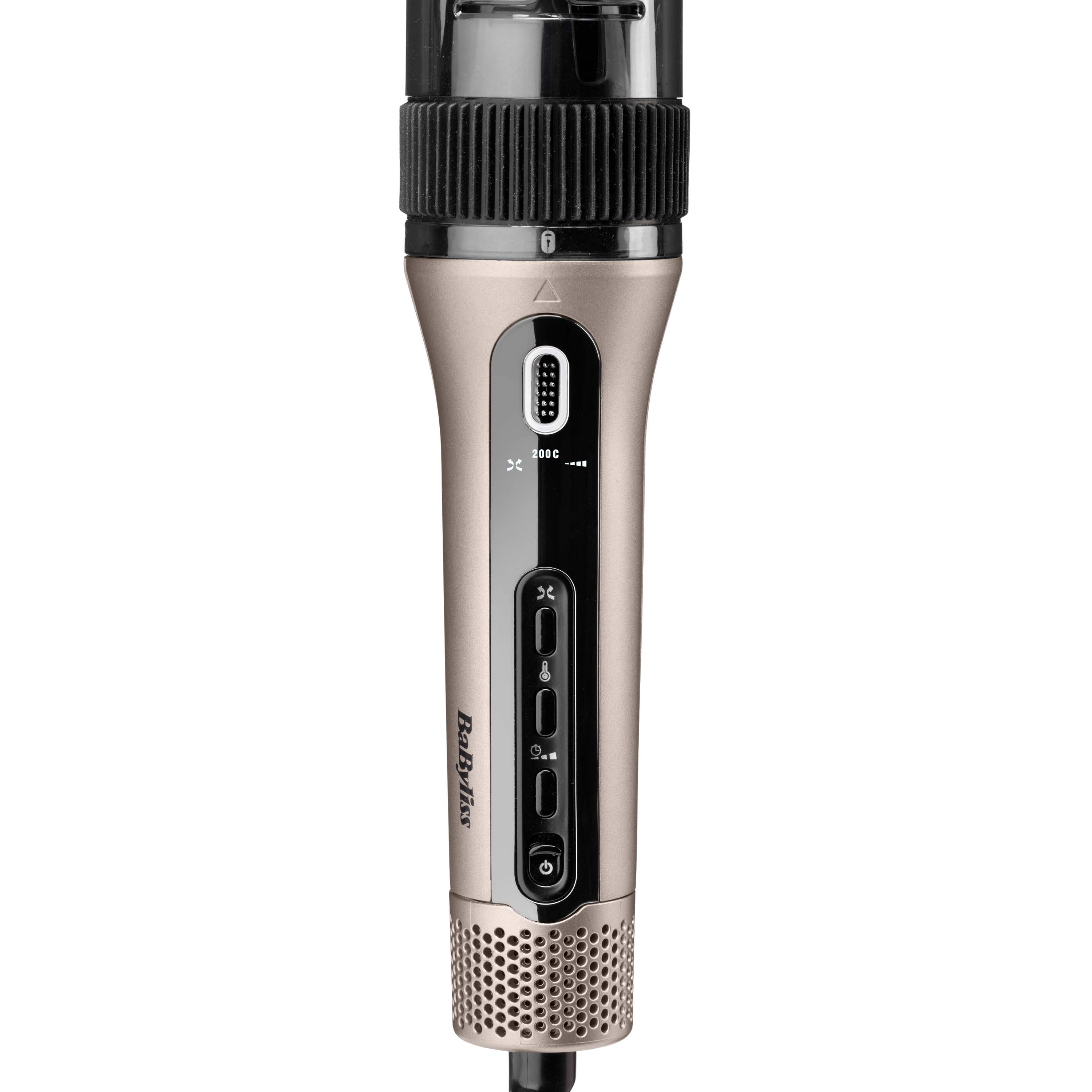 Narzędzie do stylizacji włosów. Ma metalowy korpus, przyciski i wyświetlacz. Górna część jest czarna i ma żebrowany wzór.