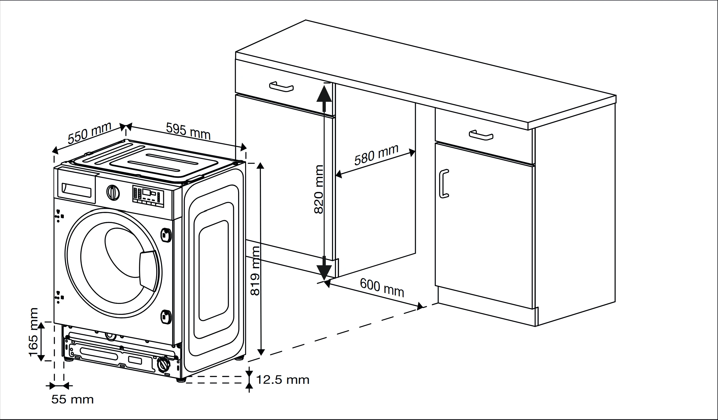 Rysunek techniczny przedstawiający pralkę i przylegające szafki z wymiarami w milimetrach.