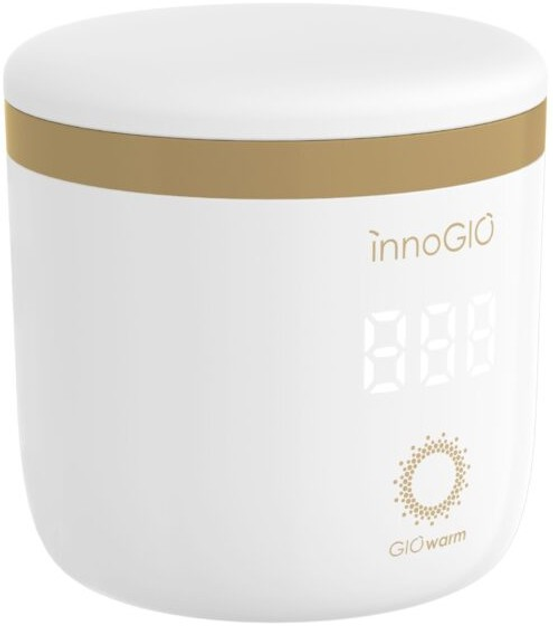 Biała i złota podgrzewacz innoGIO. Ma cyfrowy wyświetlacz pokazujący liczby. Logo to 'GiOwarm'.