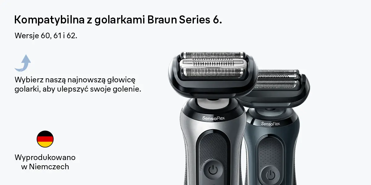 Obraz przedstawia dwie golarki Braun Series 6. Tekst informuje o kompatybilności i funkcjach. Obecna flaga Niemiec i napis 'Made in Germany'.